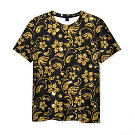 Мужская футболка 3D с принтом Люкс в Петрозаводске, 100% полиэфир | прямой крой, круглый вырез горловины, длина до линии бедер | diamond | flowers | gold | golden | блеск | богатство | бриллиант | злато | золото | орнамент | узор | цветы
