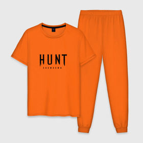 Мужская пижама хлопок с принтом Hunt: Showdown Black Logo в Петрозаводске, 100% хлопок | брюки и футболка прямого кроя, без карманов, на брюках мягкая резинка на поясе и по низу штанин
 | Тематика изображения на принте: crytek | game | hunt | hunt: showdown | hunter | monsters | showdown | игра | крайтек | охота | столкновение