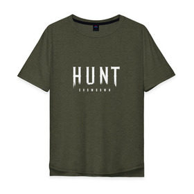 Мужская футболка хлопок Oversize с принтом Hunt: Showdown White Logo в Петрозаводске, 100% хлопок | свободный крой, круглый ворот, “спинка” длиннее передней части | Тематика изображения на принте: crytek | game | hunt | hunt: showdown | hunter | monsters | showdown | игра | крайтек | охота | столкновение