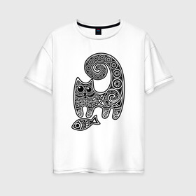 Женская футболка хлопок Oversize с принтом Кот3 в Петрозаводске, 100% хлопок | свободный крой, круглый ворот, спущенный рукав, длина до линии бедер
 |  кот | котик | рыба | узор | узоры