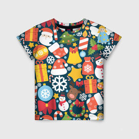 Детская футболка 3D с принтом Новогодний набор в Петрозаводске, 100% гипоаллергенный полиэфир | прямой крой, круглый вырез горловины, длина до линии бедер, чуть спущенное плечо, ткань немного тянется | new year | елка | новый год | подарок | снеговик | снежинка