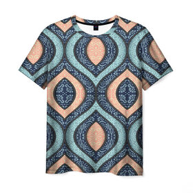 Мужская футболка 3D с принтом Восточные узоры в Петрозаводске, 100% полиэфир | прямой крой, круглый вырез горловины, длина до линии бедер | бежевый | кружево | мода | модные | синий | узоры | цвет | цветные | яркие