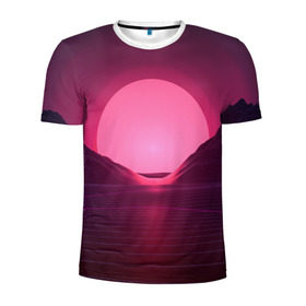 Мужская футболка 3D спортивная с принтом Cyber Sun в Петрозаводске, 100% полиэстер с улучшенными характеристиками | приталенный силуэт, круглая горловина, широкие плечи, сужается к линии бедра | cyber | голограмма | горы | кибер | модные | полосы | ретро | свет | солнце | яркие