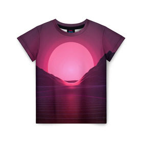 Детская футболка 3D с принтом Cyber Sun в Петрозаводске, 100% гипоаллергенный полиэфир | прямой крой, круглый вырез горловины, длина до линии бедер, чуть спущенное плечо, ткань немного тянется | cyber | голограмма | горы | кибер | модные | полосы | ретро | свет | солнце | яркие