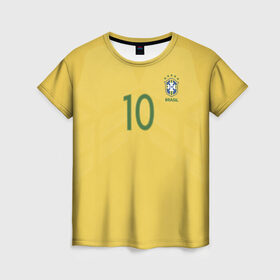 Женская футболка 3D с принтом Неймар Форма Домашняя 17/18 в Петрозаводске, 100% полиэфир ( синтетическое хлопкоподобное полотно) | прямой крой, круглый вырез горловины, длина до линии бедер | brazil | jr | neymar | бразилия | неймар | нэймар | по футболу | сборная бразилии | футбольная форма