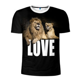 Мужская футболка 3D спортивная с принтом LOVE в Петрозаводске, 100% полиэстер с улучшенными характеристиками | приталенный силуэт, круглая горловина, широкие плечи, сужается к линии бедра | влюблённые | дикая кошка | животные | лев | львица | любовь | пара | природа | свадьба