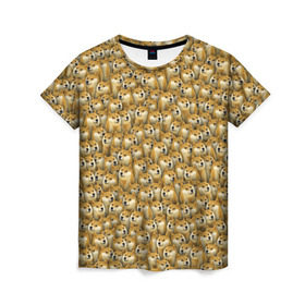Женская футболка 3D с принтом Собачки Doge в Петрозаводске, 100% полиэфир ( синтетическое хлопкоподобное полотно) | прямой крой, круглый вырез горловины, длина до линии бедер | Тематика изображения на принте: doge | meme | доги | желтый | мем | паттерн | пёс | собака | текстура