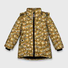 Зимняя куртка для девочек 3D с принтом Собачки Doge в Петрозаводске, ткань верха — 100% полиэстер; подклад — 100% полиэстер, утеплитель — 100% полиэстер. | длина ниже бедра, удлиненная спинка, воротник стойка и отстегивающийся капюшон. Есть боковые карманы с листочкой на кнопках, утяжки по низу изделия и внутренний карман на молнии. 

Предусмотрены светоотражающий принт на спинке, радужный светоотражающий элемент на пуллере молнии и на резинке для утяжки. | Тематика изображения на принте: doge | meme | доги | желтый | мем | паттерн | пёс | собака | текстура