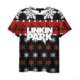 Мужская футболка 3D с принтом Праздничный Linkin Park в Петрозаводске, 100% полиэфир | прямой крой, круглый вырез горловины, длина до линии бедер | b | chester | linkin park | альтернативный метал | альтернативный рок | беннингтон | группа | знак | красный | линкин парк | музыкант | надпись | новогодний | новый год | ню метал | певец | праздник | рождество