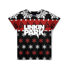 Детская футболка 3D с принтом Праздничный Linkin Park в Петрозаводске, 100% гипоаллергенный полиэфир | прямой крой, круглый вырез горловины, длина до линии бедер, чуть спущенное плечо, ткань немного тянется | b | chester | linkin park | альтернативный метал | альтернативный рок | беннингтон | группа | знак | красный | линкин парк | музыкант | надпись | новогодний | новый год | ню метал | певец | праздник | рождество