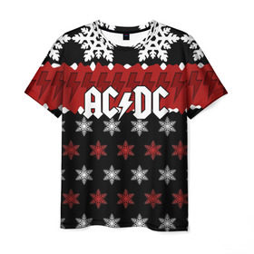 Мужская футболка 3D с принтом Праздничный AC/DC в Петрозаводске, 100% полиэфир | прямой крой, круглый вырез горловины, длина до линии бедер | ac dc | acdc | for those about to ro | австралийская | ангус янг | блюз рок | головы | группа | знак | красный | крис слэйд | музыканты | надпись | новогодний | новый год | певцы | праздник | рождество | рок | рок н ролл