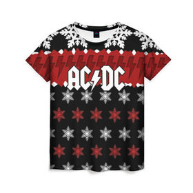 Женская футболка 3D с принтом Праздничный AC/DC в Петрозаводске, 100% полиэфир ( синтетическое хлопкоподобное полотно) | прямой крой, круглый вырез горловины, длина до линии бедер | ac dc | acdc | for those about to ro | австралийская | ангус янг | блюз рок | головы | группа | знак | красный | крис слэйд | музыканты | надпись | новогодний | новый год | певцы | праздник | рождество | рок | рок н ролл
