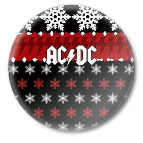 Значок с принтом Праздничный AC/DC в Петрозаводске,  металл | круглая форма, металлическая застежка в виде булавки | ac dc | acdc | for those about to ro | австралийская | ангус янг | блюз рок | головы | группа | знак | красный | крис слэйд | музыканты | надпись | новогодний | новый год | певцы | праздник | рождество | рок | рок н ролл