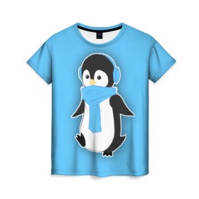 Женская футболка 3D с принтом Penguin blue в Петрозаводске, 100% полиэфир ( синтетическое хлопкоподобное полотно) | прямой крой, круглый вырез горловины, длина до линии бедер | blue | cartoon | penguin | милый | мультик | мультфильм | пингвин | рисунок