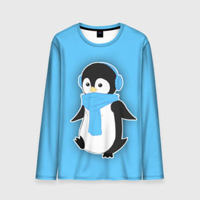 Мужской лонгслив 3D с принтом Penguin blue в Петрозаводске, 100% полиэстер | длинные рукава, круглый вырез горловины, полуприлегающий силуэт | Тематика изображения на принте: blue | cartoon | penguin | милый | мультик | мультфильм | пингвин | рисунок