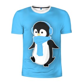 Мужская футболка 3D спортивная с принтом Penguin blue в Петрозаводске, 100% полиэстер с улучшенными характеристиками | приталенный силуэт, круглая горловина, широкие плечи, сужается к линии бедра | blue | cartoon | penguin | милый | мультик | мультфильм | пингвин | рисунок