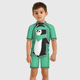 Детский купальный костюм 3D с принтом Penguin green в Петрозаводске, Полиэстер 85%, Спандекс 15% | застежка на молнии на спине | cartoon | green | penguin | зеленый | милый | мультик | мультфильм | пингвин | рисунок