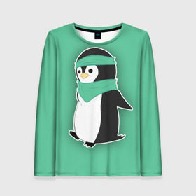 Женский лонгслив 3D с принтом Penguin green в Петрозаводске, 100% полиэстер | длинные рукава, круглый вырез горловины, полуприлегающий силуэт | cartoon | green | penguin | зеленый | милый | мультик | мультфильм | пингвин | рисунок