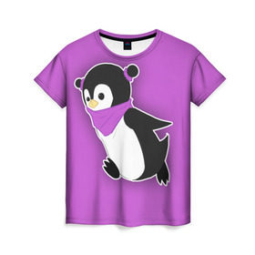 Женская футболка 3D с принтом Penguin purple в Петрозаводске, 100% полиэфир ( синтетическое хлопкоподобное полотно) | прямой крой, круглый вырез горловины, длина до линии бедер | cartoon | penguin | purple | милый | мультик | мультфильм | пингвин | рисунок | фиолетовый