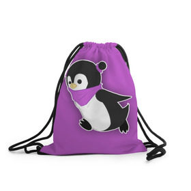 Рюкзак-мешок 3D с принтом Penguin purple в Петрозаводске, 100% полиэстер | плотность ткани — 200 г/м2, размер — 35 х 45 см; лямки — толстые шнурки, застежка на шнуровке, без карманов и подкладки | cartoon | penguin | purple | милый | мультик | мультфильм | пингвин | рисунок | фиолетовый