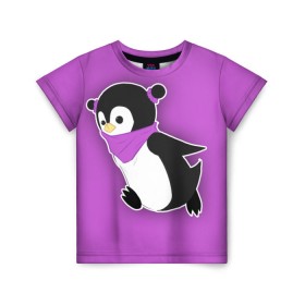 Детская футболка 3D с принтом Penguin purple в Петрозаводске, 100% гипоаллергенный полиэфир | прямой крой, круглый вырез горловины, длина до линии бедер, чуть спущенное плечо, ткань немного тянется | Тематика изображения на принте: cartoon | penguin | purple | милый | мультик | мультфильм | пингвин | рисунок | фиолетовый