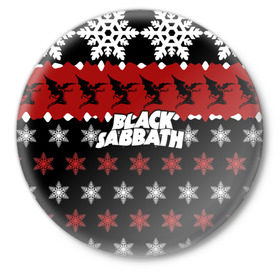 Значок с принтом Праздничный Black Sabbath в Петрозаводске,  металл | круглая форма, металлическая застежка в виде булавки | Тематика изображения на принте: black sabbath | группа | новогодний | новый год | рождество | свитер | снежинки | хард рок | хеви метал