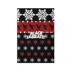 Обложка для паспорта матовая кожа с принтом Праздничный Black Sabbath в Петрозаводске, натуральная матовая кожа | размер 19,3 х 13,7 см; прозрачные пластиковые крепления | Тематика изображения на принте: black sabbath | группа | новогодний | новый год | рождество | свитер | снежинки | хард рок | хеви метал