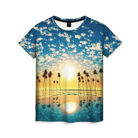 Женская футболка 3D с принтом Туристический Рай в Петрозаводске, 100% полиэфир ( синтетическое хлопкоподобное полотно) | прямой крой, круглый вырез горловины, длина до линии бедер | блик | вода | волна | восход | закат | море | небо | облако | отблеск | отпуск | отражение | пальма | солнце | турист