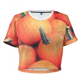 Женская футболка 3D укороченная с принтом Тыквы в Петрозаводске, 100% полиэстер | круглая горловина, длина футболки до линии талии, рукава с отворотами | halloween | pumpkin | кот | тыква | хэллоуин