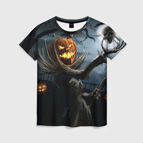 Женская футболка 3D с принтом Jack в Петрозаводске, 100% полиэфир ( синтетическое хлопкоподобное полотно) | прямой крой, круглый вырез горловины, длина до линии бедер | halloween | pumpkin | witch | ведьма | демон | кот | тыква | хэллоуин | череп