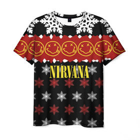 Мужская футболка 3D с принтом Nirvana праздничный в Петрозаводске, 100% полиэфир | прямой крой, круглый вырез горловины, длина до линии бедер | cobain | kurt | nirvana | альтернативный | боритон | гранж | группа | дональд | знак | кобейн | красный | крист новоселич | курт | музыка | музыкант | надпись | нирвана | новогодний | новый год | певец | праздник