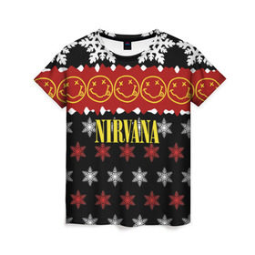 Женская футболка 3D с принтом Nirvana праздничный в Петрозаводске, 100% полиэфир ( синтетическое хлопкоподобное полотно) | прямой крой, круглый вырез горловины, длина до линии бедер | cobain | kurt | nirvana | альтернативный | боритон | гранж | группа | дональд | знак | кобейн | красный | крист новоселич | курт | музыка | музыкант | надпись | нирвана | новогодний | новый год | певец | праздник