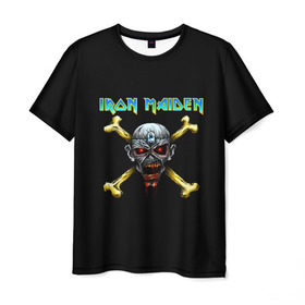 Мужская футболка 3D с принтом Iron Maiden череп и кости в Петрозаводске, 100% полиэфир | прямой крой, круглый вырез горловины, длина до линии бедер | iron maiden | адриан смит | айрон мейден | гроза | группа | дэйв мюррей | железная дева | ирон майден | метал | мрачный | музыка | песни | рок | стив харрис | тяжелый | флаг | хеви | хевиметал