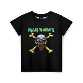 Детская футболка 3D с принтом Iron Maiden череп и кости в Петрозаводске, 100% гипоаллергенный полиэфир | прямой крой, круглый вырез горловины, длина до линии бедер, чуть спущенное плечо, ткань немного тянется | iron maiden | адриан смит | айрон мейден | гроза | группа | дэйв мюррей | железная дева | ирон майден | метал | мрачный | музыка | песни | рок | стив харрис | тяжелый | флаг | хеви | хевиметал