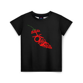 Детская футболка 3D с принтом Red Hot Chili Peppers в Петрозаводске, 100% гипоаллергенный полиэфир | прямой крой, круглый вырез горловины, длина до линии бедер, чуть спущенное плечо, ткань немного тянется | Тематика изображения на принте: музыка | овощ | острый | пеперс | перчик | ред | рок | хот | чили