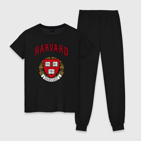 Женская пижама хлопок с принтом Harvard university в Петрозаводске, 100% хлопок | брюки и футболка прямого кроя, без карманов, на брюках мягкая резинка на поясе и по низу штанин | вуз | гарвард | герб | лига плюща | массачусетс | престижный | сша | университет