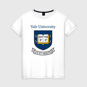 Женская футболка хлопок с принтом Йель в Петрозаводске, 100% хлопок | прямой крой, круглый вырез горловины, длина до линии бедер, слегка спущенное плечо | yalr university | йельский университет | лига плюща | престижный вуз | сша