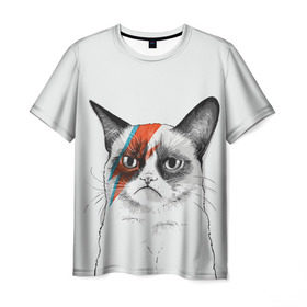 Мужская футболка 3D с принтом Grumpy cat (David Bowie) в Петрозаводске, 100% полиэфир | прямой крой, круглый вырез горловины, длина до линии бедер | Тематика изображения на принте: бодиарт | грумпи | дэвид боуи | злой кот | интернет | котей | котик | кошка | мем | мемас | мемчик. | молния на лице | рисунок на лице | сердитый