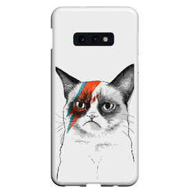 Чехол для Samsung S10E с принтом Grumpy cat (David Bowie) в Петрозаводске, Силикон | Область печати: задняя сторона чехла, без боковых панелей | Тематика изображения на принте: бодиарт | грумпи | дэвид боуи | злой кот | интернет | котей | котик | кошка | мем | мемас | мемчик. | молния на лице | рисунок на лице | сердитый