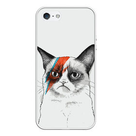 Чехол для iPhone 5/5S матовый с принтом Grumpy cat (David Bowie) в Петрозаводске, Силикон | Область печати: задняя сторона чехла, без боковых панелей | Тематика изображения на принте: бодиарт | грумпи | дэвид боуи | злой кот | интернет | котей | котик | кошка | мем | мемас | мемчик. | молния на лице | рисунок на лице | сердитый