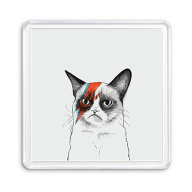 Магнит 55*55 с принтом Grumpy cat (David Bowie) в Петрозаводске, Пластик | Размер: 65*65 мм; Размер печати: 55*55 мм | бодиарт | грумпи | дэвид боуи | злой кот | интернет | котей | котик | кошка | мем | мемас | мемчик. | молния на лице | рисунок на лице | сердитый