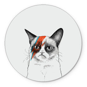 Коврик круглый с принтом Grumpy cat (David Bowie) в Петрозаводске, резина и полиэстер | круглая форма, изображение наносится на всю лицевую часть | Тематика изображения на принте: бодиарт | грумпи | дэвид боуи | злой кот | интернет | котей | котик | кошка | мем | мемас | мемчик. | молния на лице | рисунок на лице | сердитый