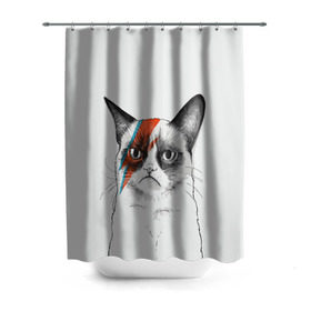 Штора 3D для ванной с принтом Grumpy cat (David Bowie) в Петрозаводске, 100% полиэстер | плотность материала — 100 г/м2. Стандартный размер — 146 см х 180 см. По верхнему краю — пластиковые люверсы для креплений. В комплекте 10 пластиковых колец | бодиарт | грумпи | дэвид боуи | злой кот | интернет | котей | котик | кошка | мем | мемас | мемчик. | молния на лице | рисунок на лице | сердитый