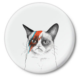 Значок с принтом Grumpy cat (David Bowie) в Петрозаводске,  металл | круглая форма, металлическая застежка в виде булавки | бодиарт | грумпи | дэвид боуи | злой кот | интернет | котей | котик | кошка | мем | мемас | мемчик. | молния на лице | рисунок на лице | сердитый