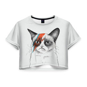 Женская футболка 3D укороченная с принтом Grumpy cat (David Bowie) в Петрозаводске, 100% полиэстер | круглая горловина, длина футболки до линии талии, рукава с отворотами | бодиарт | грумпи | дэвид боуи | злой кот | интернет | котей | котик | кошка | мем | мемас | мемчик. | молния на лице | рисунок на лице | сердитый