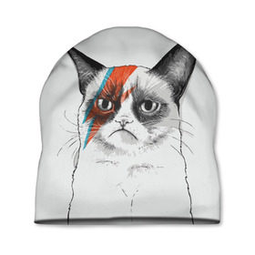 Шапка 3D с принтом Grumpy cat (David Bowie) в Петрозаводске, 100% полиэстер | универсальный размер, печать по всей поверхности изделия | Тематика изображения на принте: бодиарт | грумпи | дэвид боуи | злой кот | интернет | котей | котик | кошка | мем | мемас | мемчик. | молния на лице | рисунок на лице | сердитый