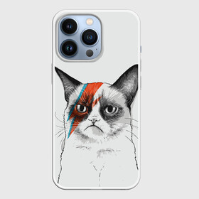 Чехол для iPhone 13 Pro с принтом Grumpy cat (David Bowie) в Петрозаводске,  |  | Тематика изображения на принте: бодиарт | грумпи | дэвид боуи | злой кот | интернет | котей | котик | кошка | мем | мемас | мемчик. | молния на лице | рисунок на лице | сердитый