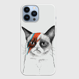 Чехол для iPhone 13 Pro Max с принтом Grumpy cat (David Bowie) в Петрозаводске,  |  | Тематика изображения на принте: бодиарт | грумпи | дэвид боуи | злой кот | интернет | котей | котик | кошка | мем | мемас | мемчик. | молния на лице | рисунок на лице | сердитый