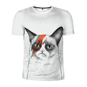 Мужская футболка 3D спортивная с принтом Grumpy cat (David Bowie) в Петрозаводске, 100% полиэстер с улучшенными характеристиками | приталенный силуэт, круглая горловина, широкие плечи, сужается к линии бедра | бодиарт | грумпи | дэвид боуи | злой кот | интернет | котей | котик | кошка | мем | мемас | мемчик. | молния на лице | рисунок на лице | сердитый