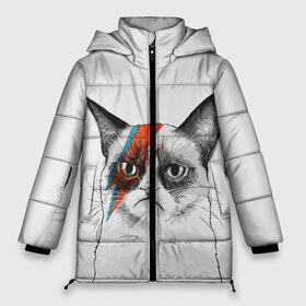 Женская зимняя куртка 3D с принтом Grumpy cat (David Bowie) в Петрозаводске, верх — 100% полиэстер; подкладка — 100% полиэстер; утеплитель — 100% полиэстер | длина ниже бедра, силуэт Оверсайз. Есть воротник-стойка, отстегивающийся капюшон и ветрозащитная планка. 

Боковые карманы с листочкой на кнопках и внутренний карман на молнии | бодиарт | грумпи | дэвид боуи | злой кот | интернет | котей | котик | кошка | мем | мемас | мемчик. | молния на лице | рисунок на лице | сердитый